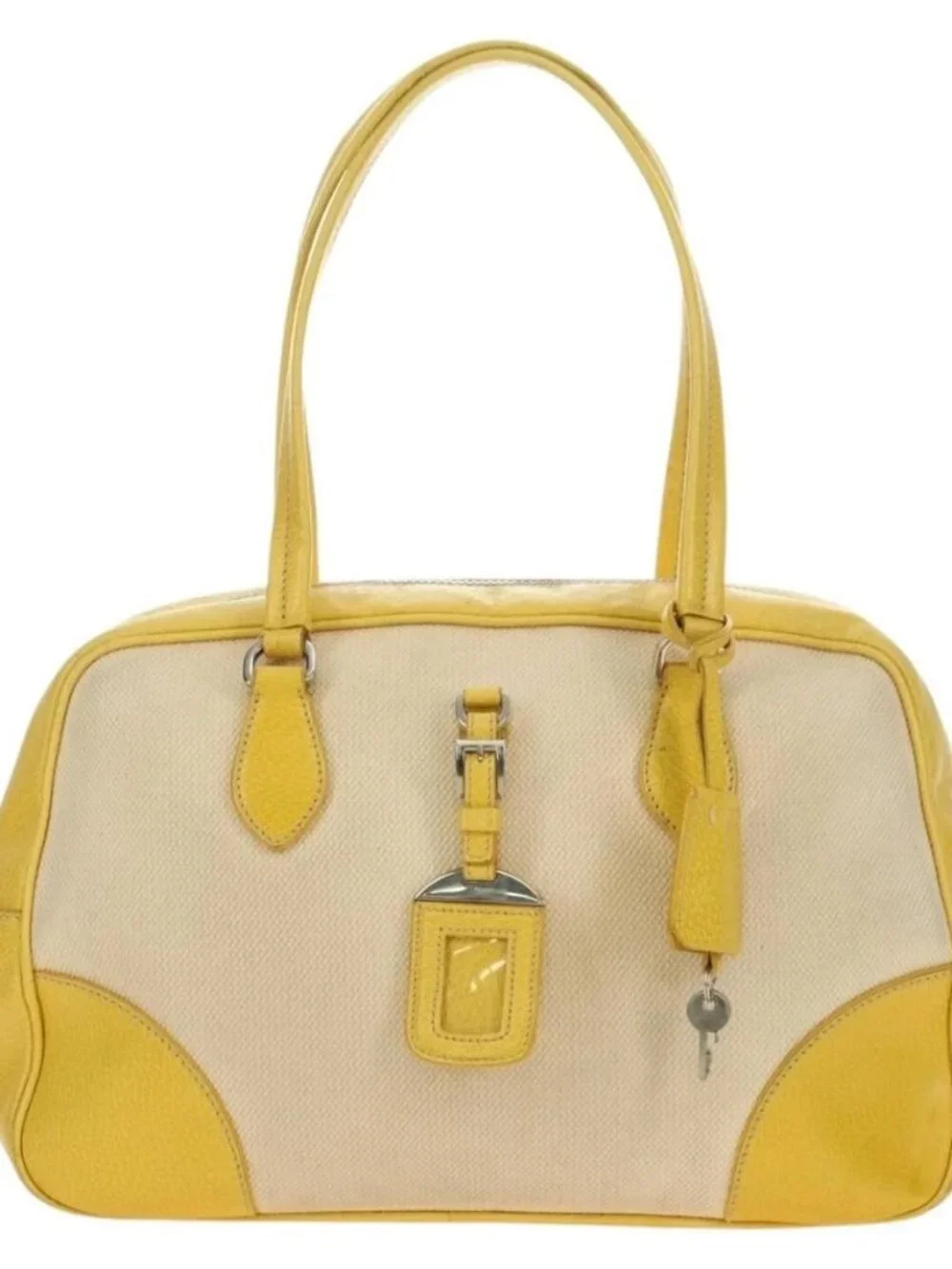 PRADA Hand Bag Canvas Leather Beige Yellow Silver Auth
